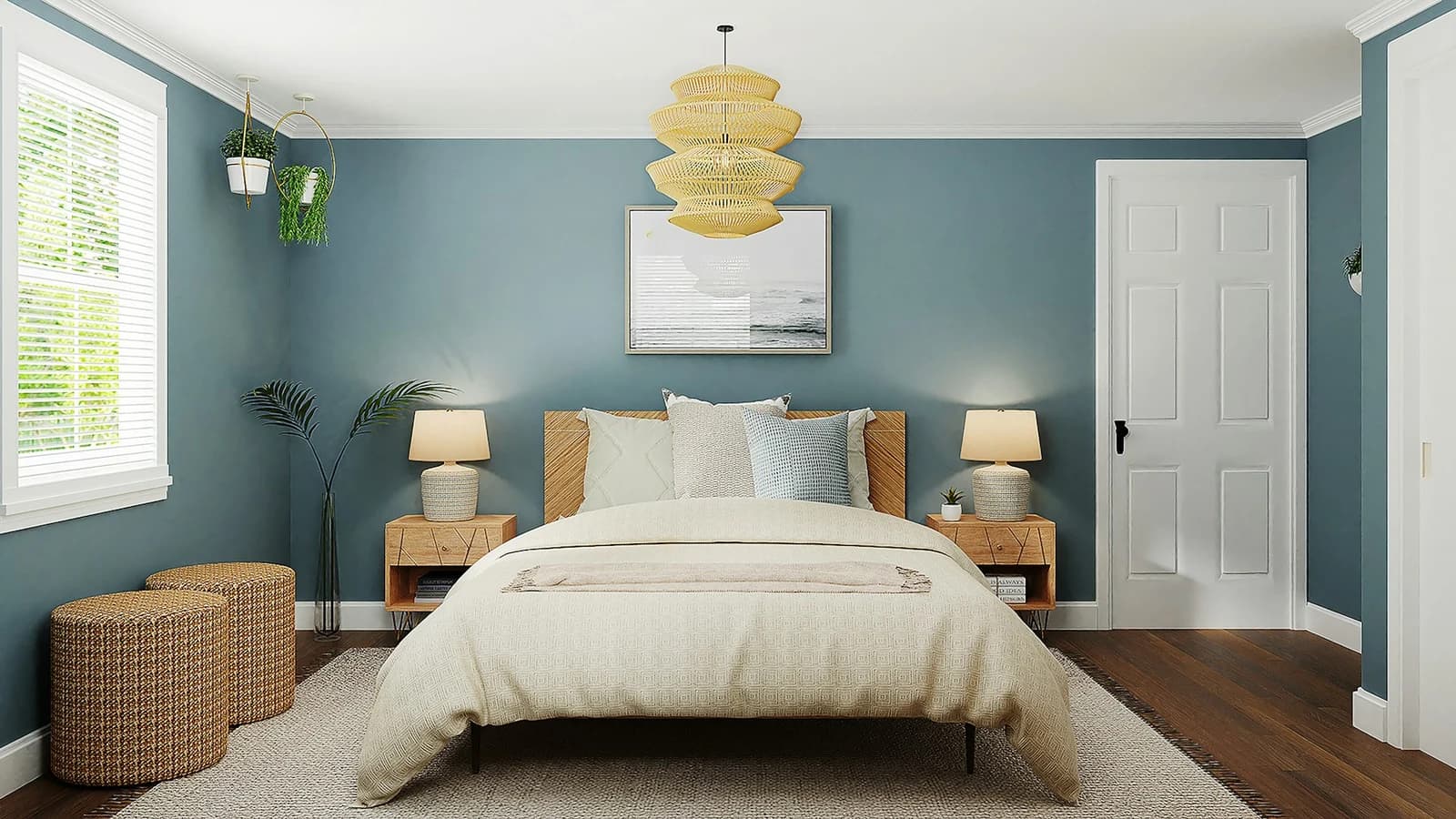 Daylit bedroom with blue walls, white trim and natural wood furniture